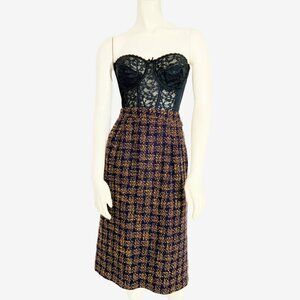 Vintage Navy and Gold Boucle Knit Midi Skirt with Side Seam Slit / Size Medium